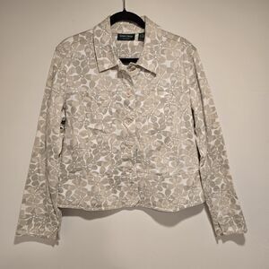 Vintage Lemon Grass Floral Button Up Jacket Blazer Women XL Beige White 90s Prep